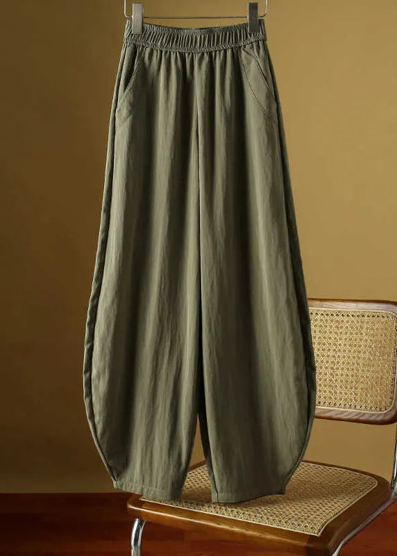 Fine Army Green Pockets Elastic Waist Ice Silk Lantern Pants Fall