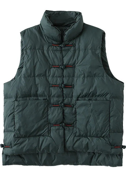 Diy Red Stand Collar Pockets Oriental Winter Puffer Vest