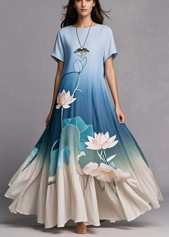 Gradient Blue Lotus Print Exra Large Hem Cotton Dress Summer