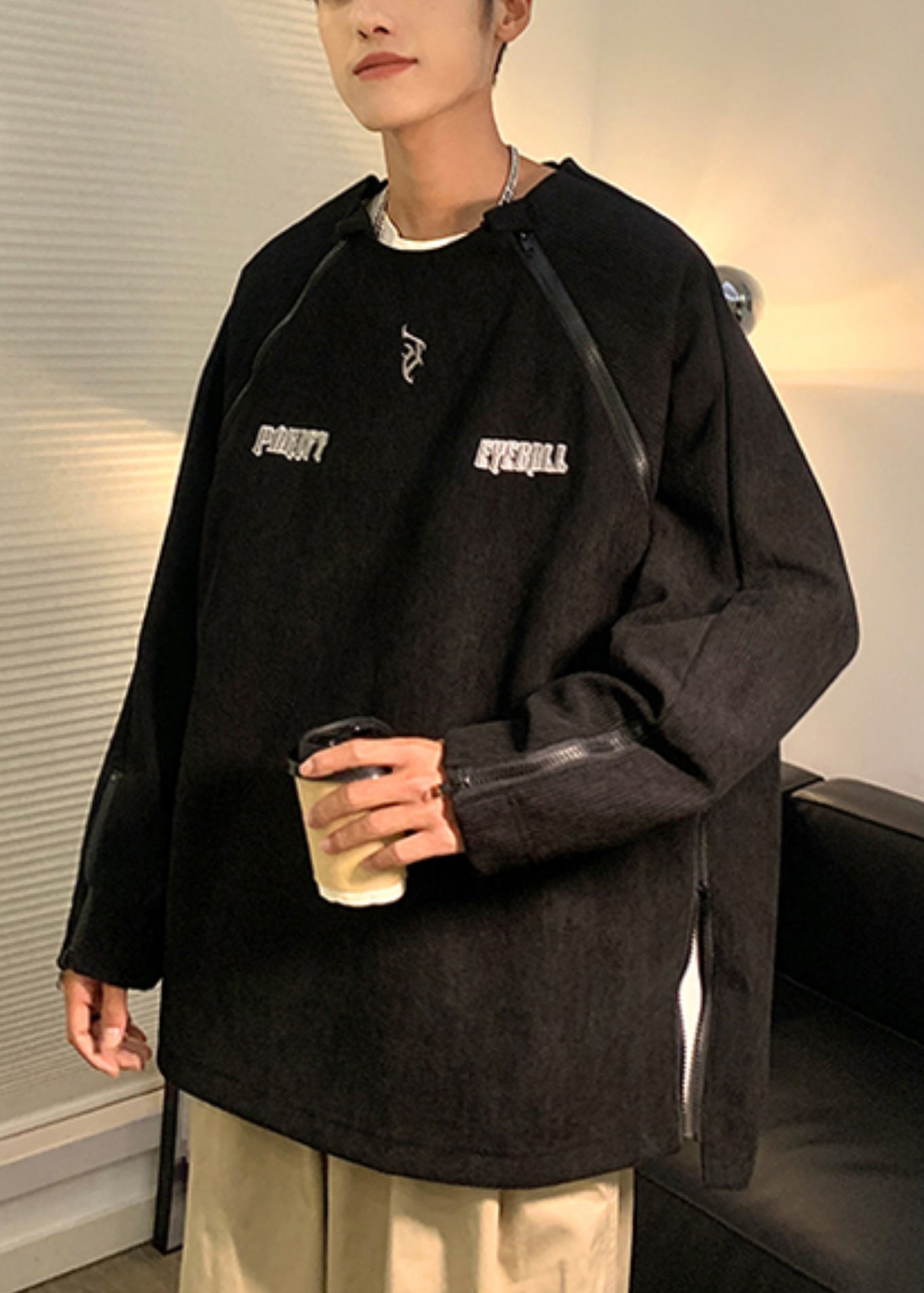 New Brown Embroideried Zip Up Corduroy Sweatshirts Fall