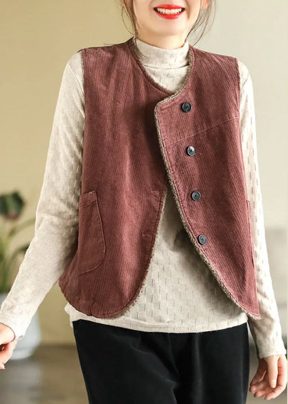 Fitted Mulberry O-neck Fuzzy Wool Lined Thick Corduroy Vest Tops Winter