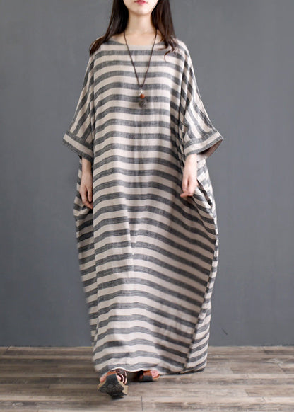 Grey O Neck Striped Pockets Patchwork Cotton Long Dresses Spring