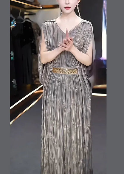Grey V Neck High Waist Silk Long Dresses Summer