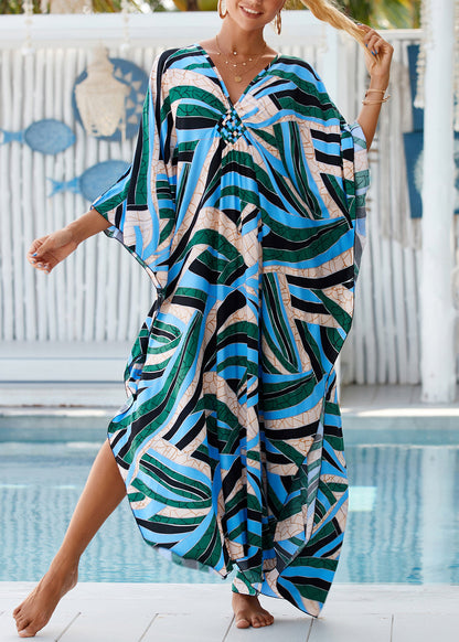 Loose Green V Neck Print Side Open Cotton Vacation Dresses Summer