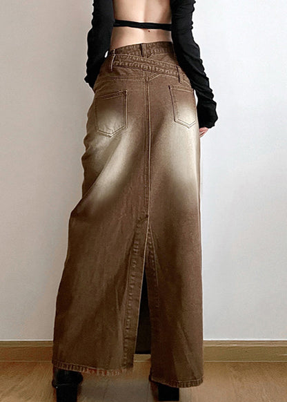 Light Brown Asymmetrical Side Open Denim Skirt Fall