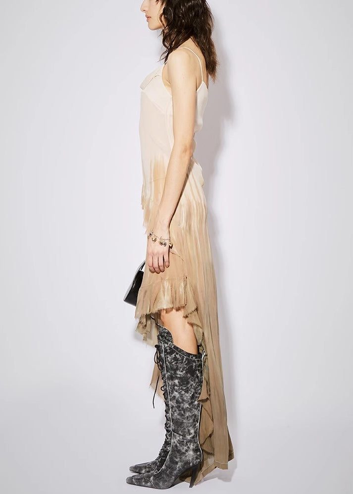 Gradient Color Ruffled Low High Design Cotton Dress Sleeveless