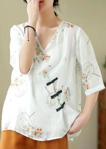White V Neck Print Chinese Button Patchwork Linen Blouse Top Summer
