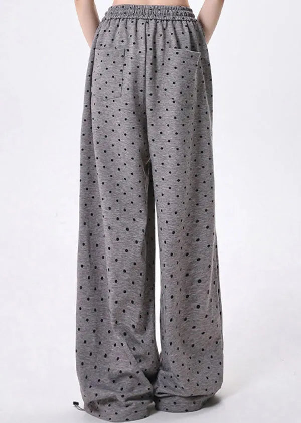 Grey Dot Bow Lace Patchwork Cotton Wide Leg Pants Spring