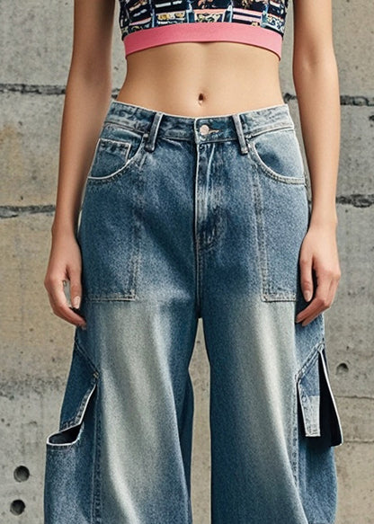 Blue Oversized Pockets Denim Crop Pants Fall