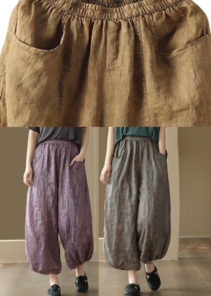 Grey Elastic Waist Ramie Lantern Pants