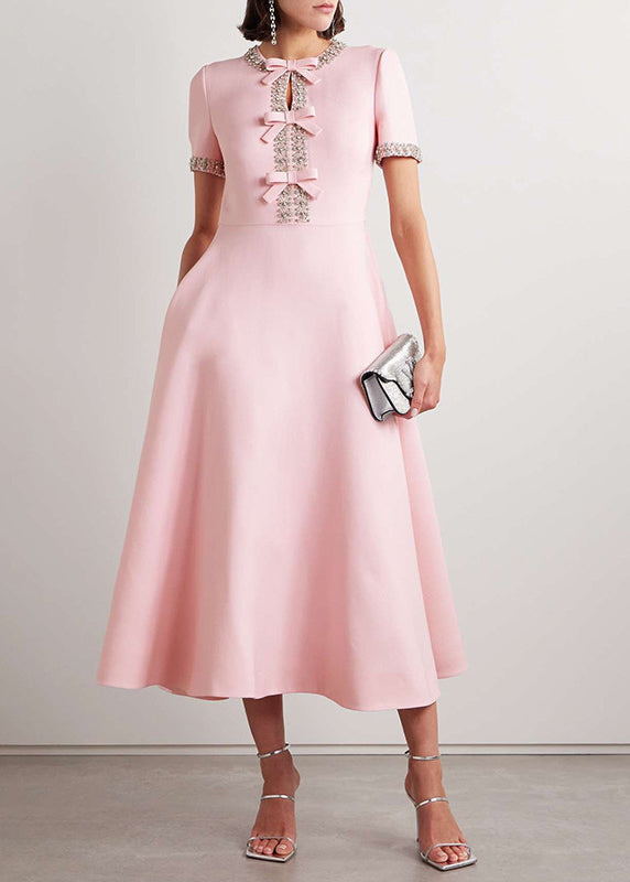 Pink O Neck Zircon Bow Cotton Long Dress Summer