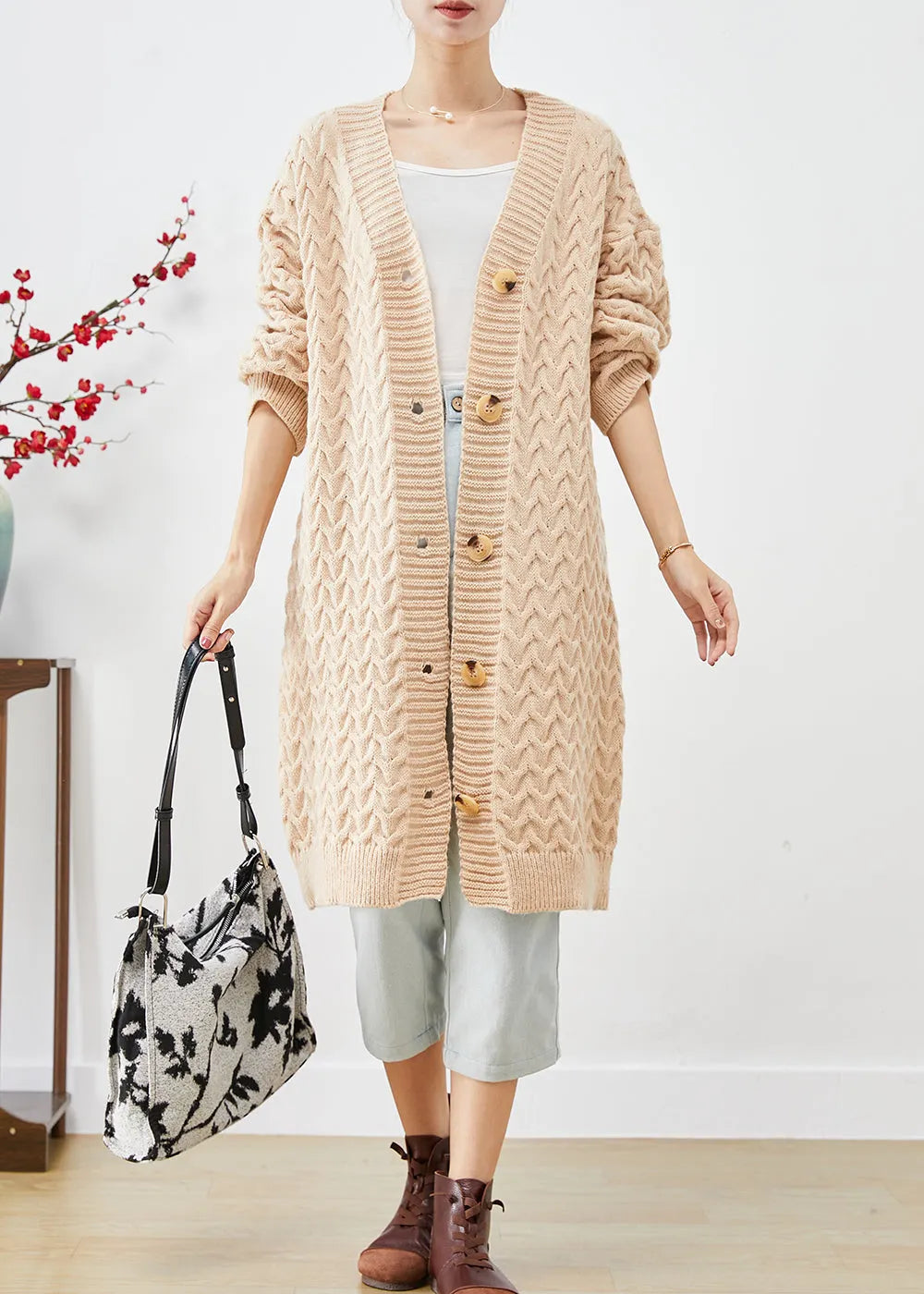 Boutique Khaki Thick Cable Knit Loose Cardigan Spring
