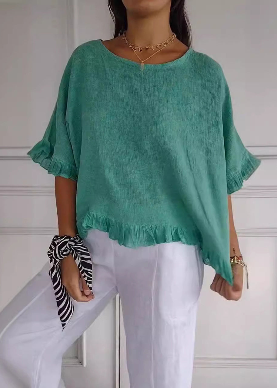 Apricot O-neck Ruffled Cotton Blouses Summer
