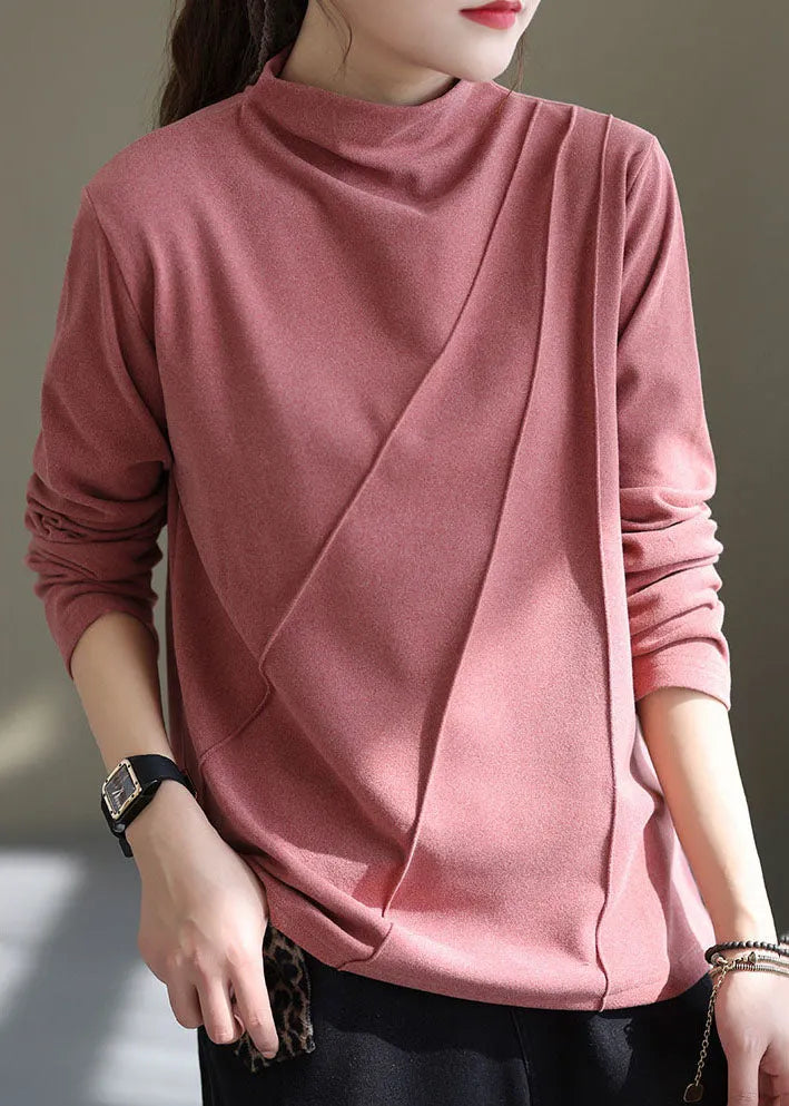 Pink High Neck Wrinkled Velour Shirt Winter