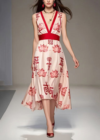 Apricot V Neck Print Chiffon Long Dress Sleeveless