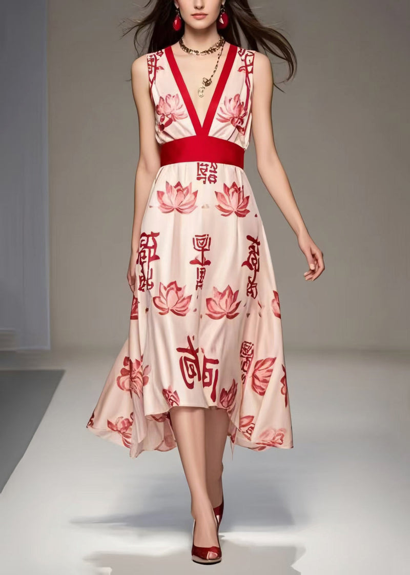 Apricot V Neck Print Chiffon Long Dress Sleeveless