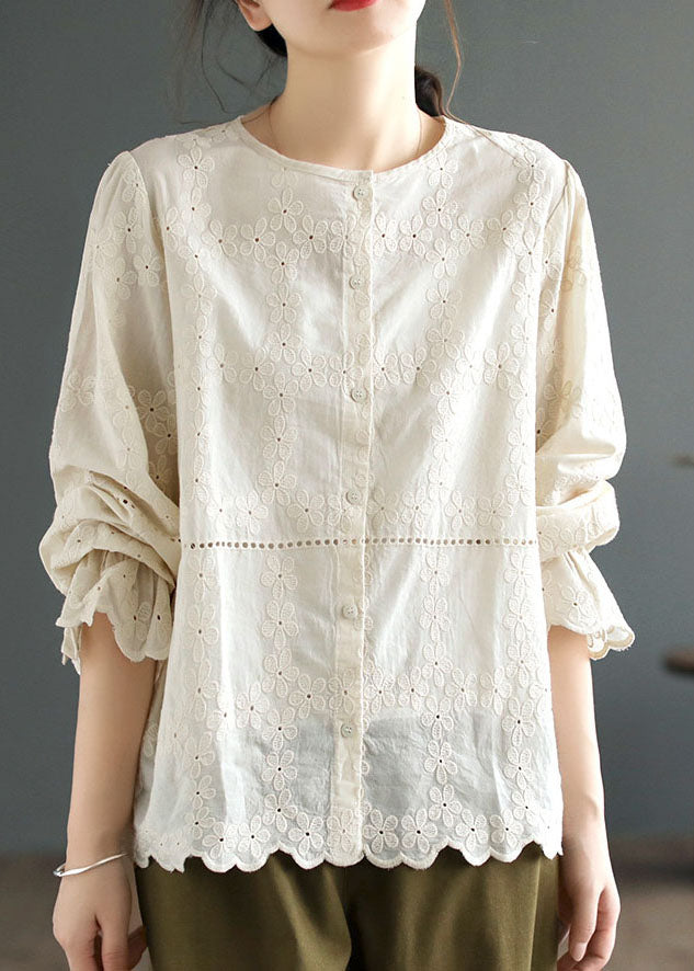 Diy White O Neck Patchwork Embroidered Cotton Blouses Spring