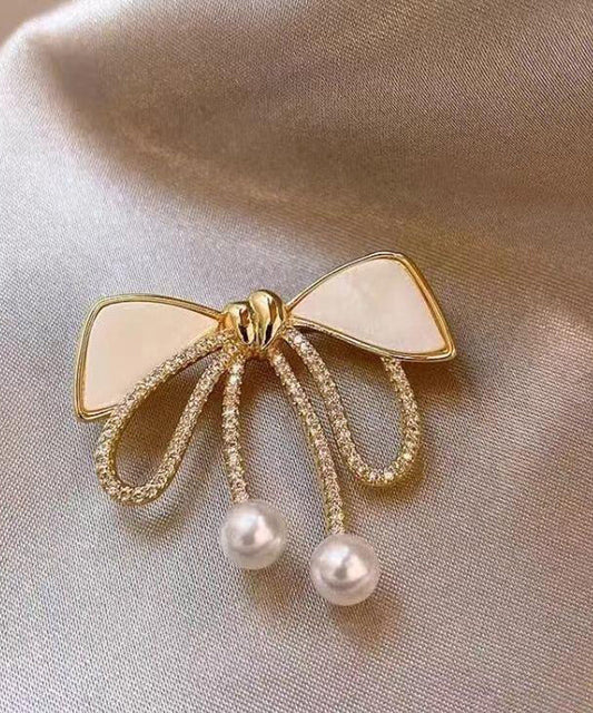 Stylish Gold Copper Zircon Pearl Bow Brooches