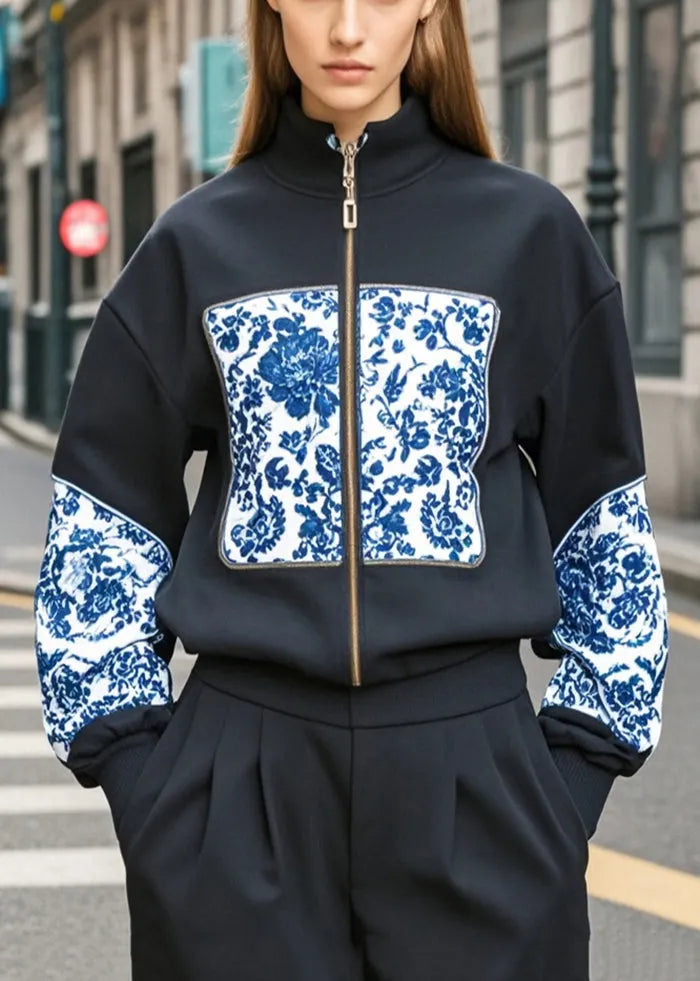 Black Stand Collar Print Cotton Jackets Fall
