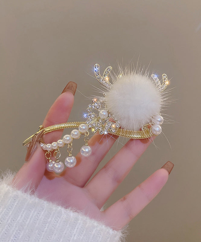 White Alloy Pearl Zircon Antler Snowflake Hairpin