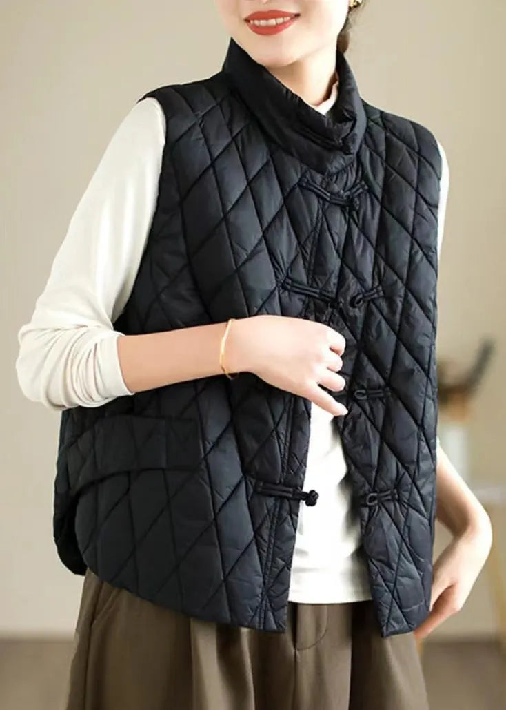 Coffee Oriental Button Fine Cotton Filled Vest Sleeveless