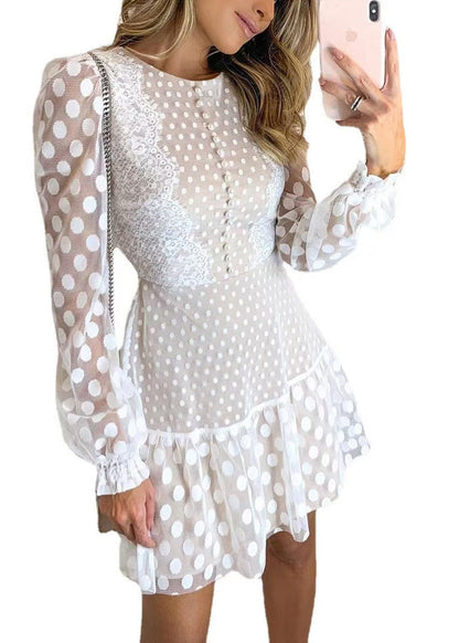 French White O Neck Dot Patchwork Lace Mid Dresses Fall