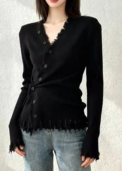 Coffee V Neck Button Cotton Knit Cardigans Spring