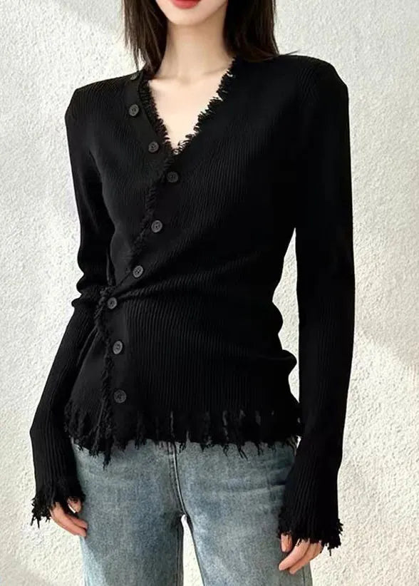Coffee V Neck Button Cotton Knit Cardigans Spring