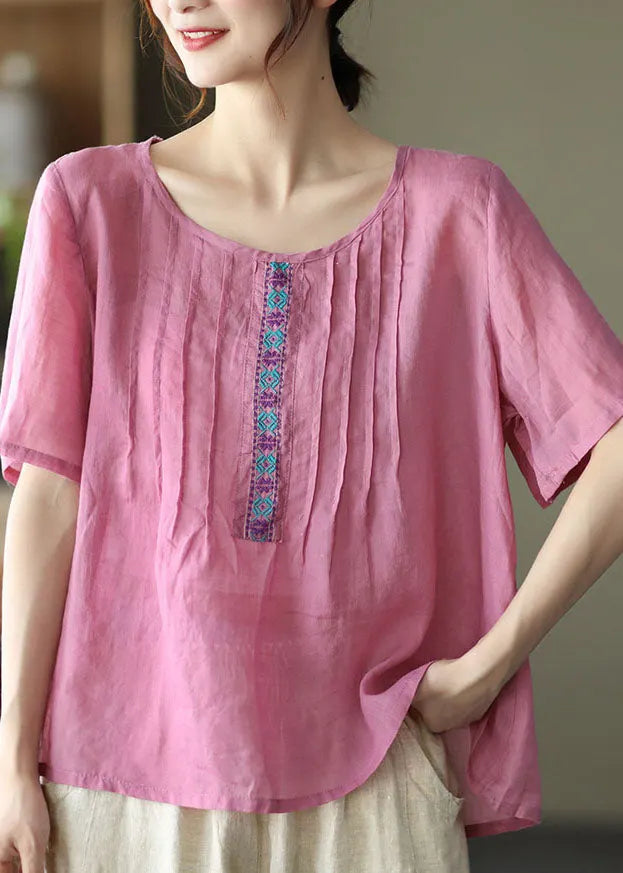 Rose Linen Tank Tops O-neck Wrinkled Short Sleeve