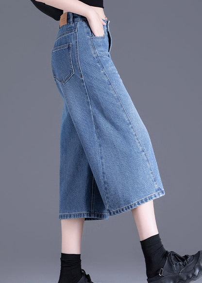 Blue Pockets Denim Crop Pants Summer