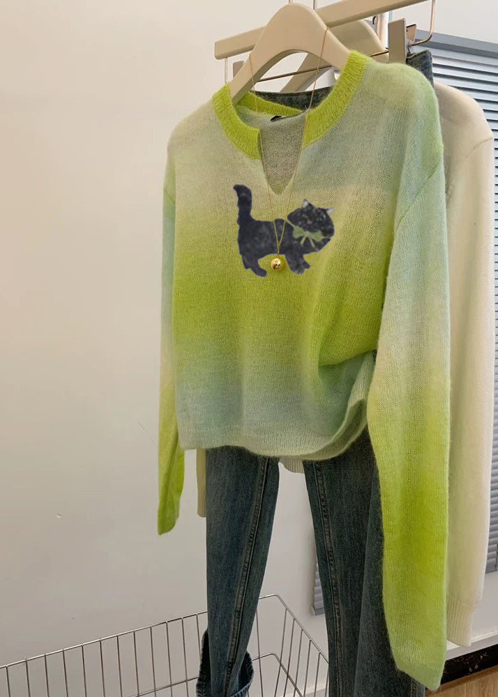 Grass Green V Neck Tie Dye Knit Sweater Spring