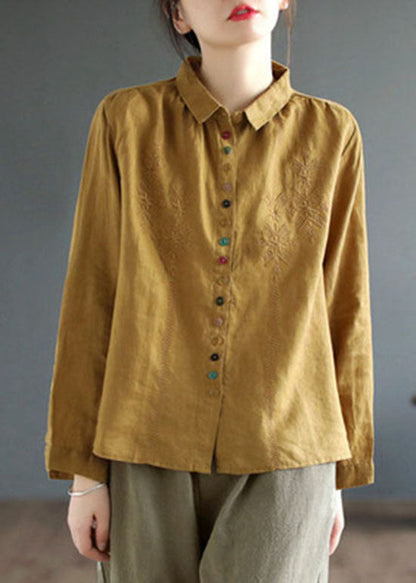 Style Green Embroidered Patchwork Linen Shirts Spring