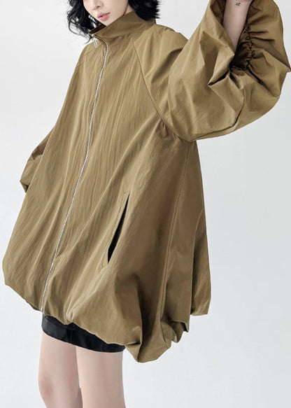 Organic Khaki Zippered Patchwork Trench Coats Fall
