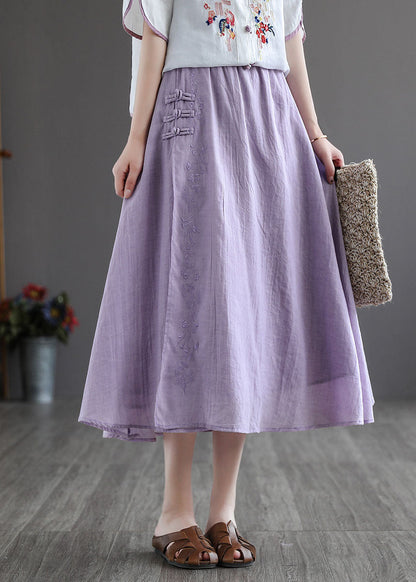Purple Elastic Waist Embroidered Linen Skirt Spring