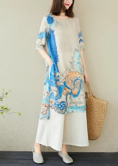 Blue Oversized Print Linen Dresses Summer