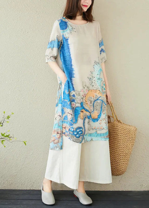 Blue Oversized Print Linen Dresses Summer