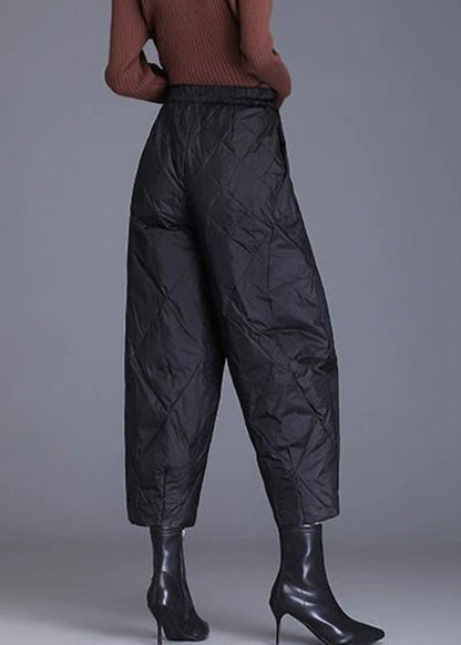 Black Plaid Fine Cotton Filled Crop Pants Elastic Waist