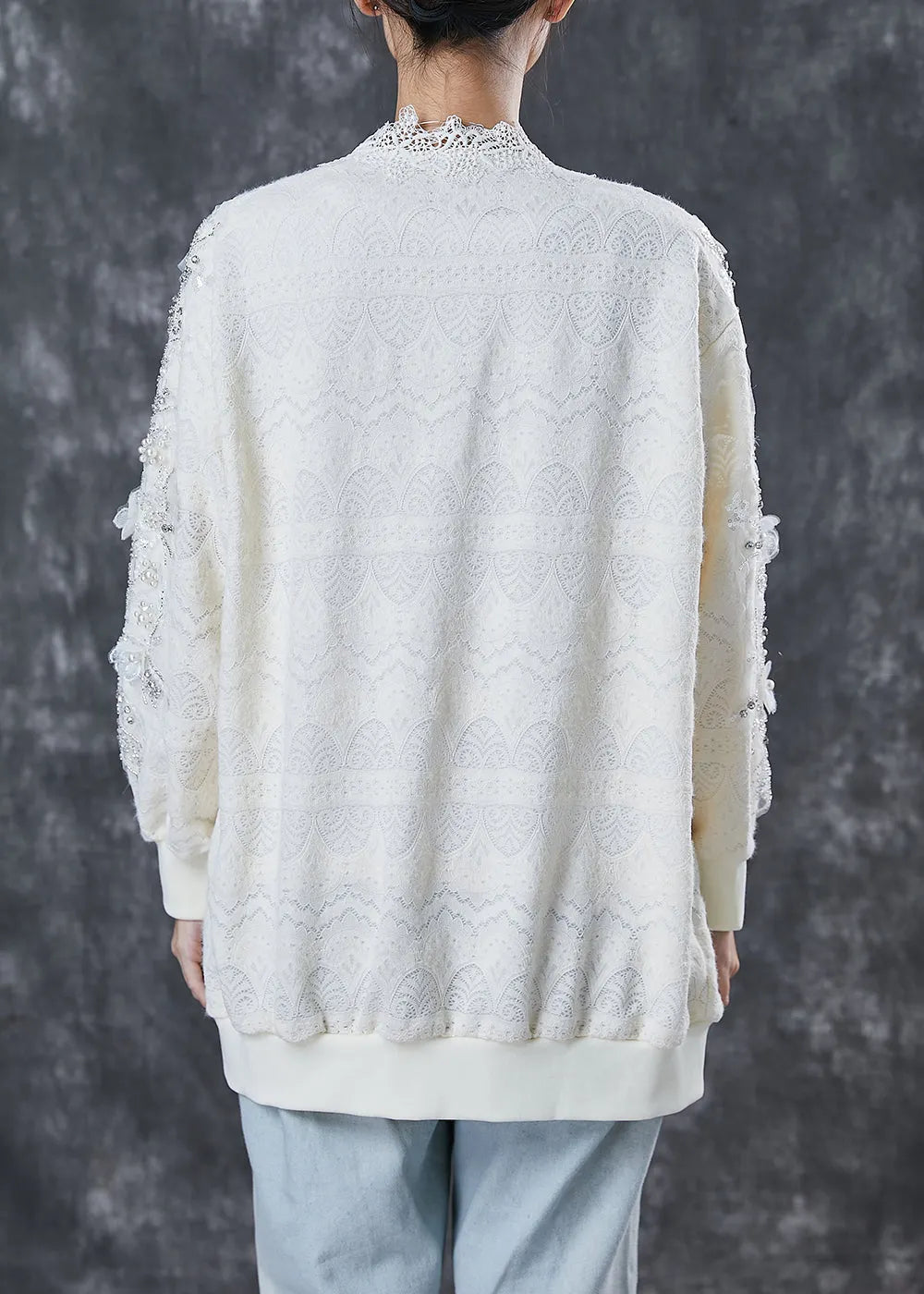 White Patchwork Lace Cardigan Oversized Nail Bead Spring