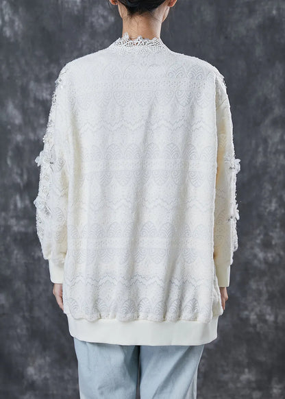White Patchwork Lace Cardigan Oversized Nail Bead Spring
