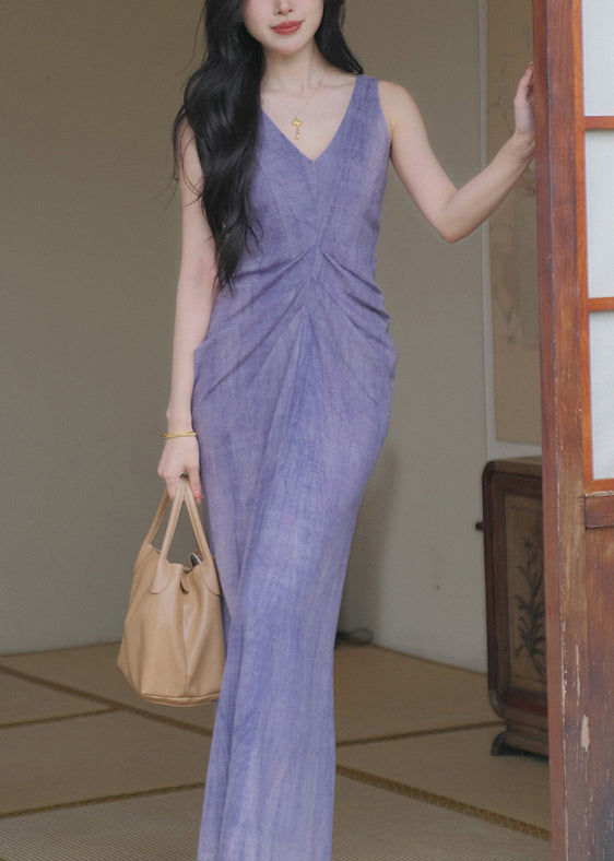 New Purple V Neck Cotton Long Dresses Sleeveless