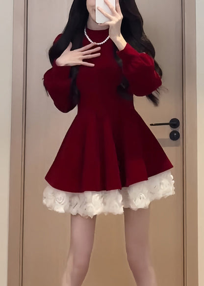 Simple Black O Neck Patchwork Silk Velvet Mid Dress Spring