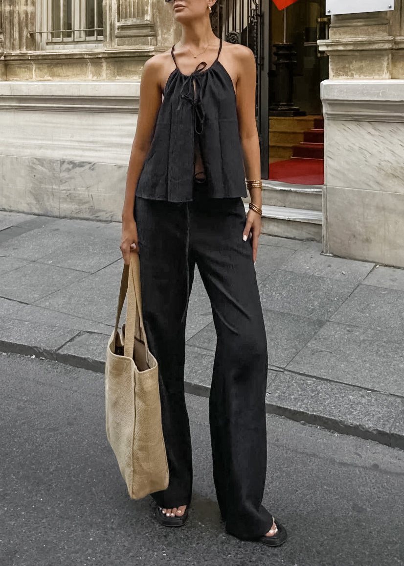 Original Design Black Lace Up Tops and Pants Two Pieces Set Summer