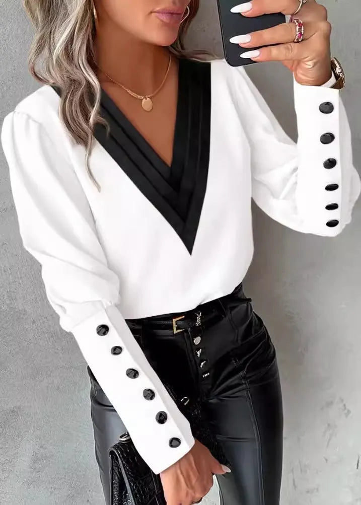 White V Neck Patchwork Cotton Shirts Spring