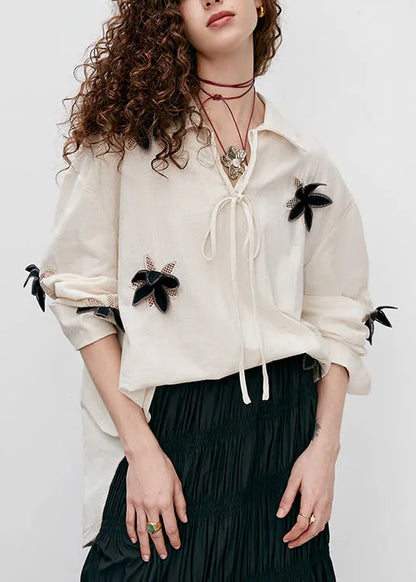 Boutique Beige Peter Pan Collar Cotton Top Fall