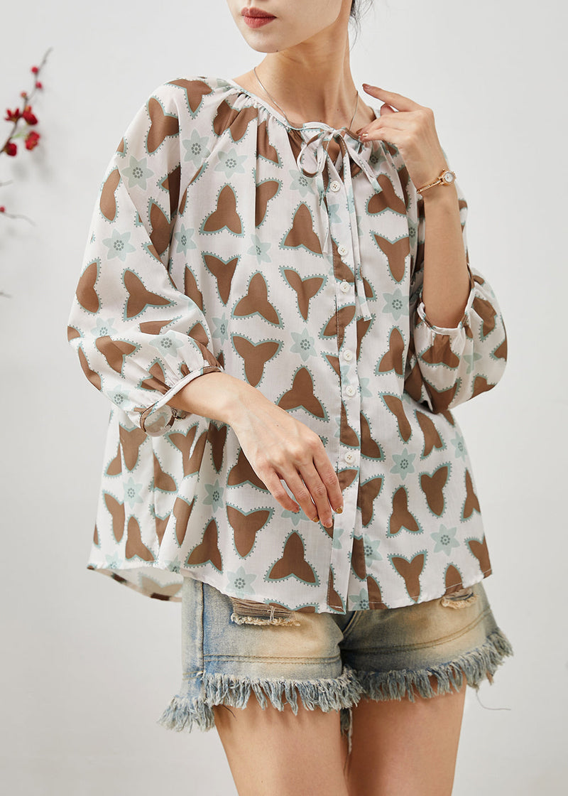 Oversized Print Lace Up Cotton Blouse Tops Summer
