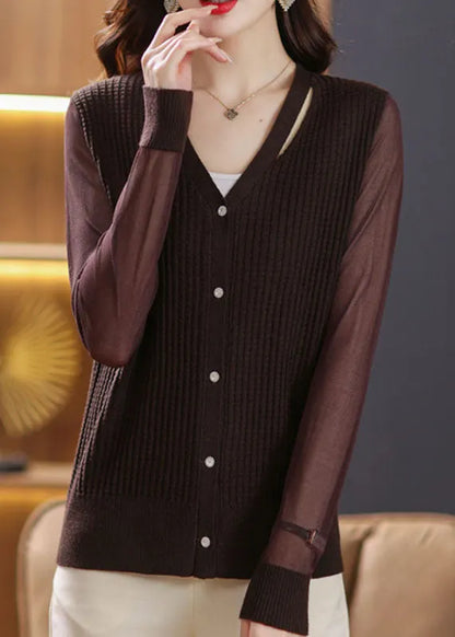 Coffee V Neck Patchwork Ice Size Knit Cardigan Fall