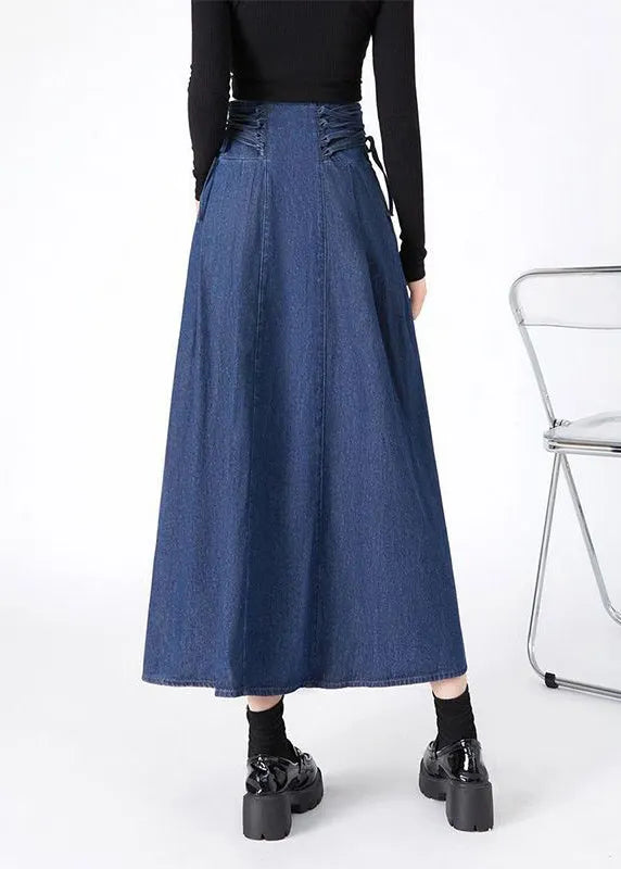 Navy Patchwork Tie Waist Denim Maxi Skirts Spring