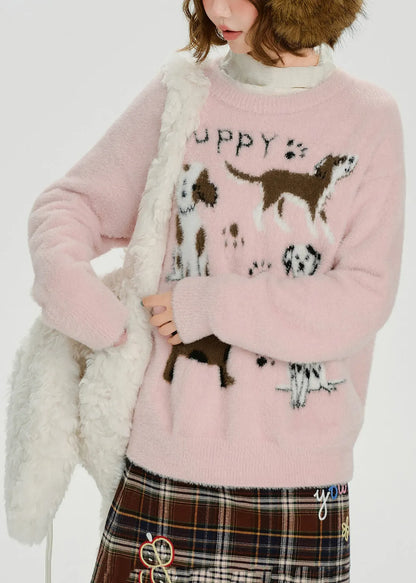 Cozy Pink Puppy Jacquard Knitted Tops Winter