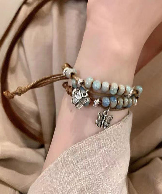 Alloy Weaving Ceramic Butterfly Charm Bracelet Two Piece Set
