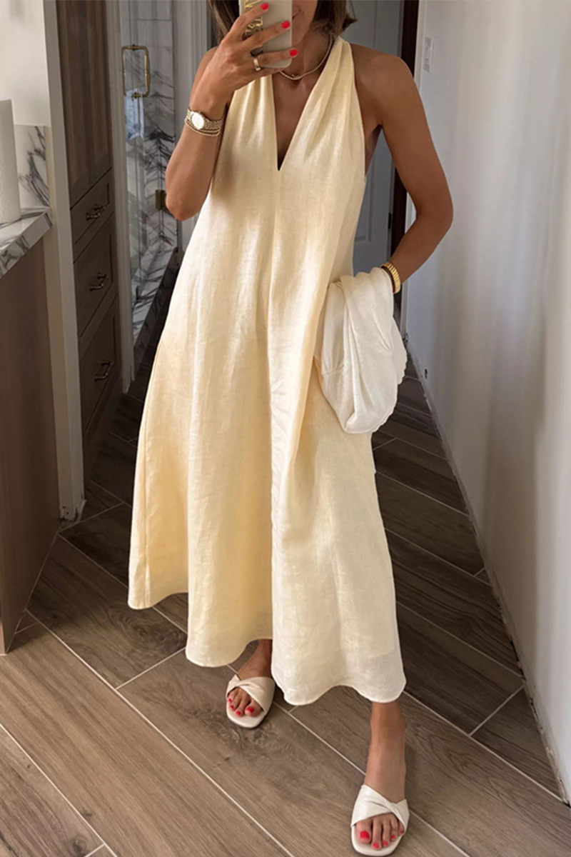 Daily Color Pocket V Neck Sleeveless Dresses